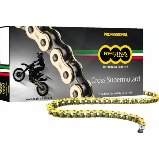 Златиста мото верига Regina 420RH2 със 140 звена в оригинална кутия с лого Regina Chain и силует на кросов мотоциклет