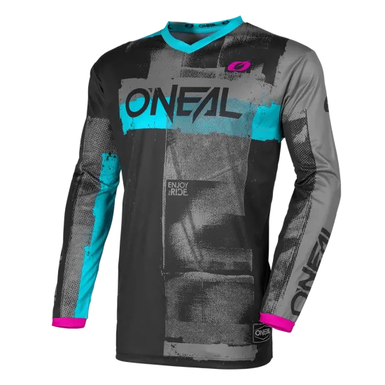 Дамска мотокрос блуза O’NEAL ELEMENT ROLLER BLACK/CYAN – дишаща блуза с защита на лактите и V-яка