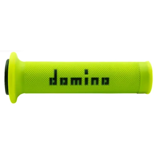 Комплект две ръкохватки Domino A010 в неоново жълто с диамантен релеф, черно лого Domino и двустранни фланци