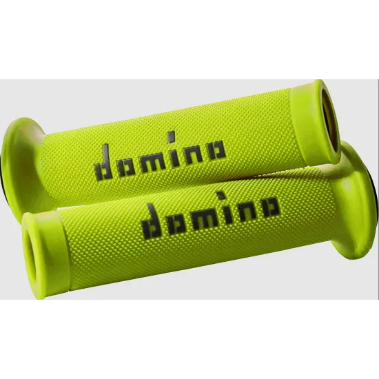 Комплект две ръкохватки Domino A010 в неоново жълто с диамантен релеф, черно лого Domino и двустранни фланци