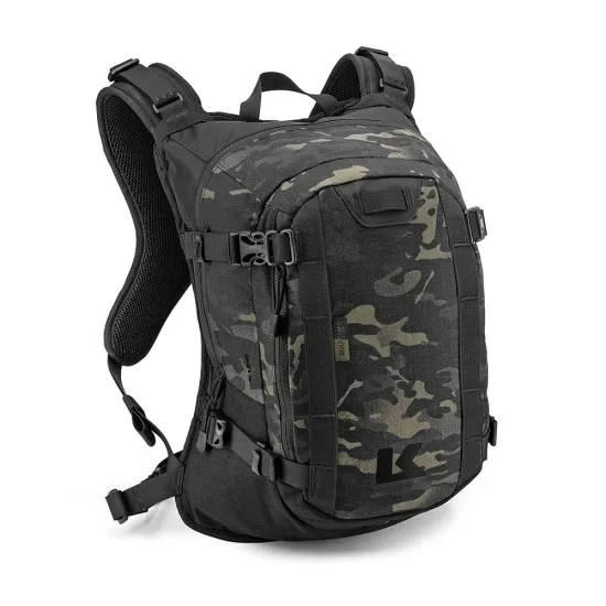 Kriega R15 раница в MultiCam Black камуфлаж с четири компресионни ремъка, YKK ципове и Quadloc-lite система - изглед отпред