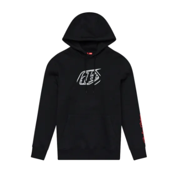 Черен суитшърт Troy Lee Designs Badge с TLD лого на гърдите и червена графика по левия ръкав, кенгуру джоб и качулка с
