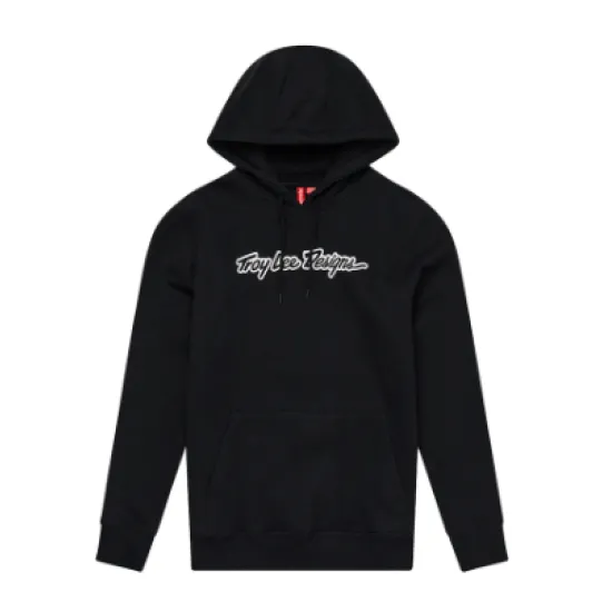 Черен суитшърт Troy Lee Designs Signature с бяло ръкописно лого на гърдите и червен детайл на качулката