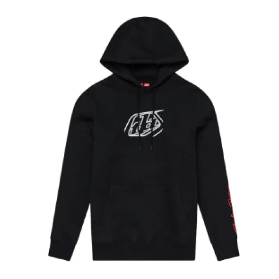 Черен детски суитшърт TROY LEE DESIGNS с качулка, бяло TLD лого на гърдите и червен етикет на ръкава