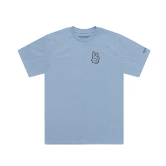 Светлосиня тениска Troy Lee Designs Peace Out с ситопечатен знак за мир на гърдите и лого на ръкава