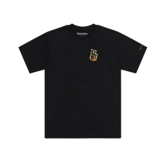 Черна тениска Troy Lee Designs Peace Out с малко ситопечатно лого знак за мир на гърдите и бродерия на ръкава