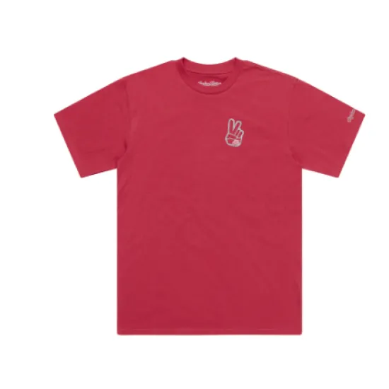 Фуксия тениска Troy Lee Designs Peace Out с ситопечатно лого ръка в знак на мир на гърдите и лого на ръкава