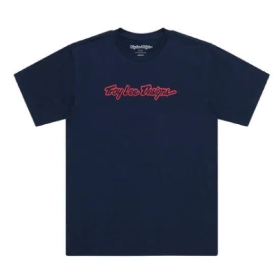 Тъмносиня тениска Troy Lee Designs с червено контурно лого Signature на гърдите и класическо обло деколте