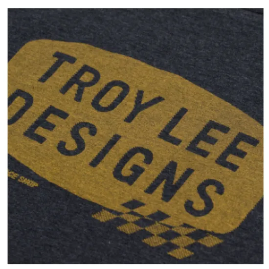 Тъмносива меланжова тениска Troy Lee Designs с голямо златисто ситопечатно лого и шахматен мотив на гърдите