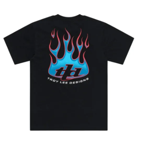 Черна тениска Troy Lee Designs Torched с ситопечатно лого - сини и червени пламъци с TLD емблема на гърдите