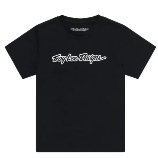 Черна детска тениска Troy Lee Designs с бяло скриптово лого на гърдите и кръгло деколте