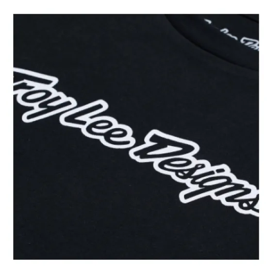 Черна детска тениска Troy Lee Designs с бяло скриптово лого на гърдите и кръгло деколте