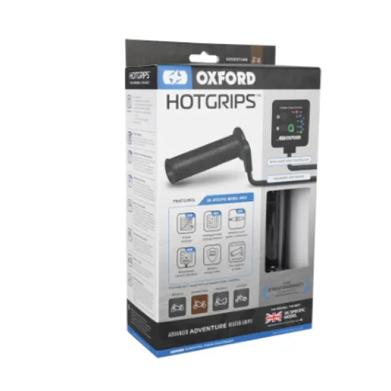 Кутия на Oxford Hot Grips Advanced Sport с черни ръкохватки и дигитален LCD контролер, показваща 9 настройки за топлина