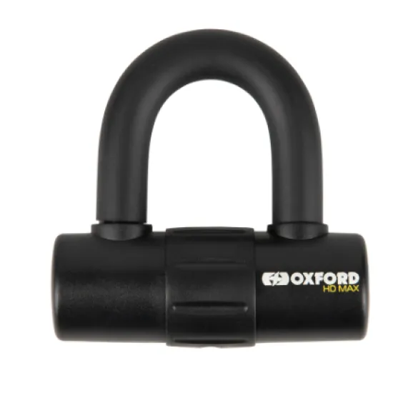 Черно заключване за диск OXFORD HD MAX с дебел метален болт, къса U-образна форма и бяло лого Oxford върху корпуса