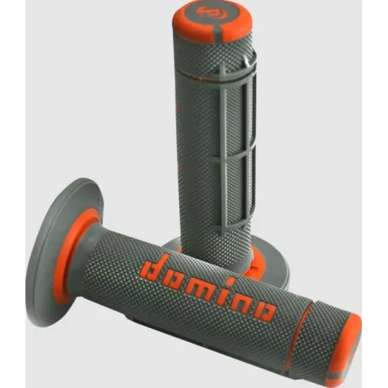 Чифт мото ръкохватки Domino Dually сиво-оранжеви с ромбовидна текстура, оранжеви краища и лого