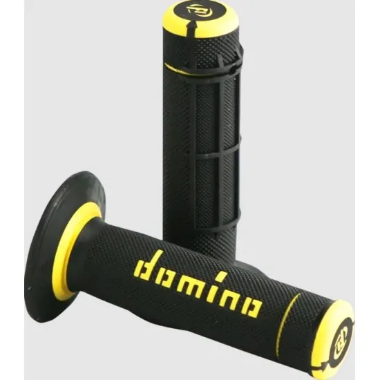 Чифт черни мото ръкохватки Domino Dually с жълти акценти, ромбовидна текстура и лого Domino в релефа