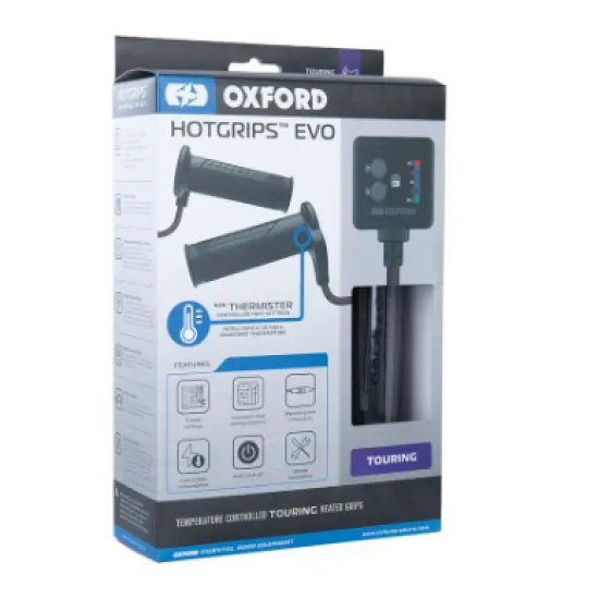 Опаковка на OXFORD Hotgrips Evo Touring с черни отопляеми ръкохватки и контролер с цифров дисплей в синьо-черна кутия