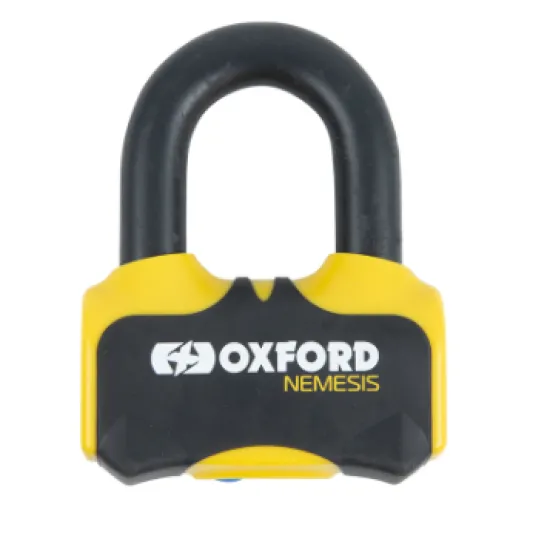 Дискова ключалка Oxford Nemesis с черен корпус, жълти акценти, 16mm скоба и лого Oxford Nemesis на предната част