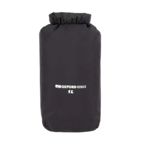 Черна водоустойчива чанта Oxford Nomad 1L с roll-top затваряне, бял логотип и компактен цилиндричен дизайн
