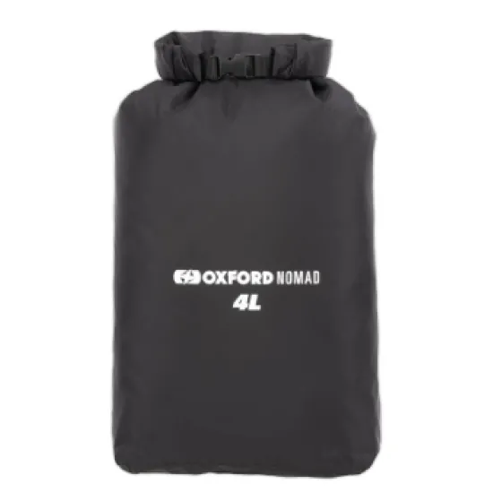 Черна водоустойчива чанта Oxford Nomad 4L с бяло лого, roll-top затваряне и компактен дизайн