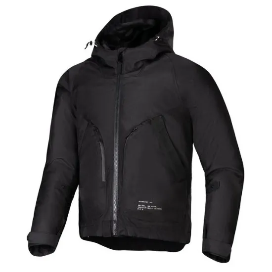 Черно текстилно мото яке Alpinestars Morush Waterproof с качулка, водоустойчив цип и големи предни джобове с двоен достъп