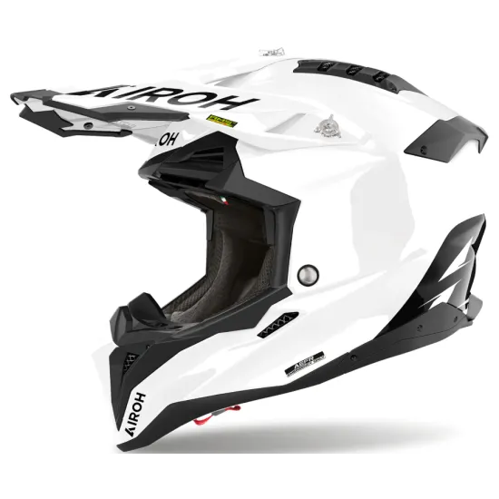 Бяла гланцова мотокрос каска AIROH AVIATOR 3 с черни акценти, аеродинамична козирка, вентилационни отвори на горната част и характерния AIROH лого