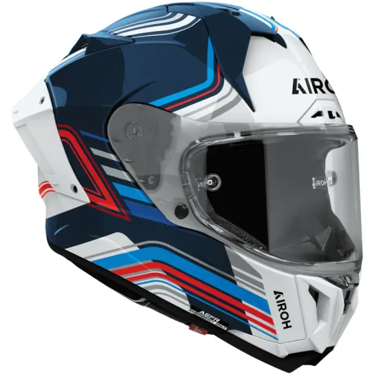 Спортна каска AIROH GP800 Hurricane Gloss с бяло-синьо-червен дизайн, прозрачен визьор, агресивни линии и глянцова HPC Carbon повърхност