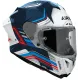 Спортна каска AIROH GP800 Hurricane Gloss с бяло-синьо-червен дизайн, прозрачен визьор, агресивни линии и глянцова HPC Carbon повърхност