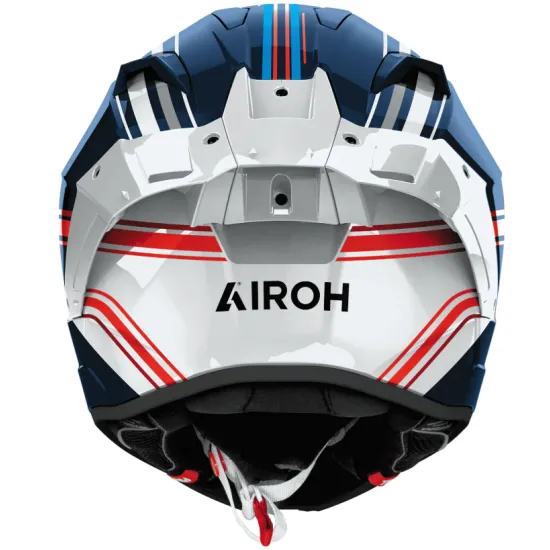 Спортна каска AIROH GP800 Hurricane Gloss с бяло-синьо-червен дизайн, прозрачен визьор, агресивни линии и глянцова HPC Carbon повърхност