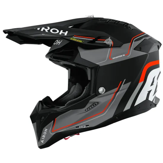 Черна мат офроуд каска AIROH AVIATOR 3 LEADER с оранжеви графични елементи, сребристи детайли, издължена козирка и видими вентилационни отвори