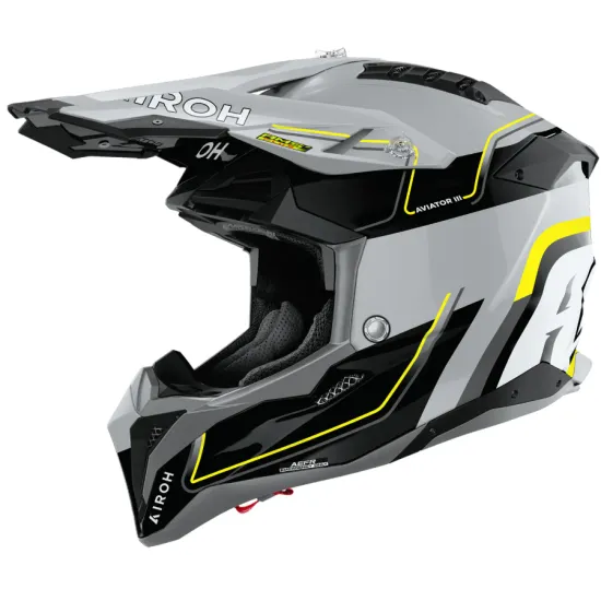 Сива офроуд каска Airoh Aviator 3 Leader с жълти акценти, черни вентилационни отвори на козирката и агресивен спортен дизайн