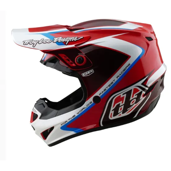 Червено-бяла детска мотокрос каска Troy Lee Designs GP Shutter с контрастни сини елементи, черен визьор и характерните TLD лога