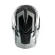 Сиво-бяла мотокрос каска Troy Lee Designs GP Shutter с геометричен дизайн, TLD лого и удължен визьор, показана от профил и отгоре