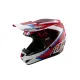 Червено-бяла мотокрос каска Troy Lee Designs GP Shutter с геометричен дизайн, сини акценти, черен визьор и множество вентилационни отвори