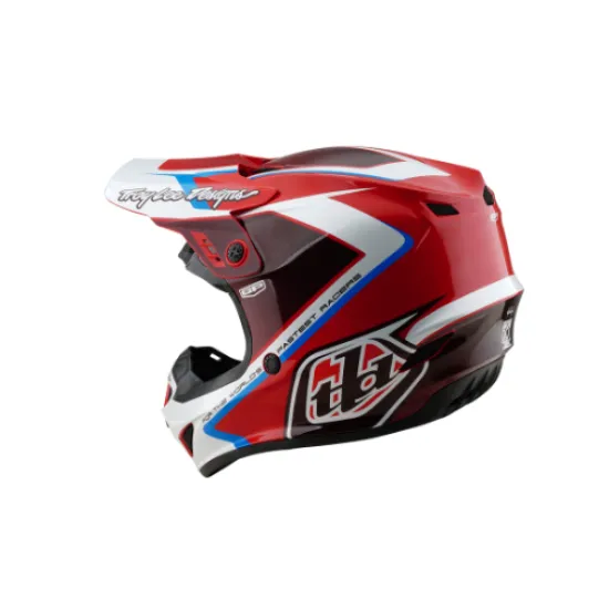 Червено-бяла мотокрос каска Troy Lee Designs GP Shutter с геометричен дизайн, сини акценти, черен визьор и множество вентилационни отвори