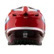 Червено-бяла мотокрос каска Troy Lee Designs GP Shutter с геометричен дизайн, сини акценти, черен визьор и множество вентилационни отвори