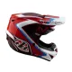 Червено-бяла мотокрос каска Troy Lee Designs GP Shutter с геометричен дизайн, сини акценти, черен визьор и множество вентилационни отвори