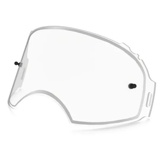 Прозрачна двойна резервна плака за очила Oakley Airbrake MX с видими черни щифтове за закрепване и извити краища