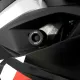 Черни краш тапи R&G Racing с капковидна форма, монтирани на бяло-червен Aprilia RS 457, с видимо лазерно гравирано лого