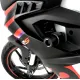 Черни краш тапи R&G Racing с капковидна форма, монтирани на бяло-червен Aprilia RS 457, с видимо лазерно гравирано лого
