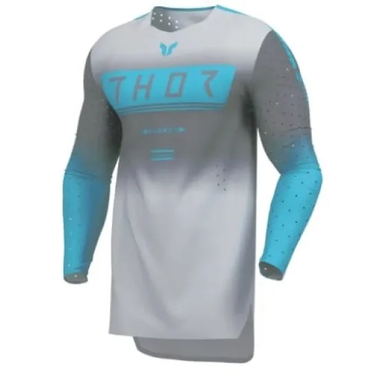 Сиво-тюркоазено мотокрос джърси Thor Sportmode Geo с градиент ефект, лазерно изрязани перфорации по ръкавите и минималистичен дизайн