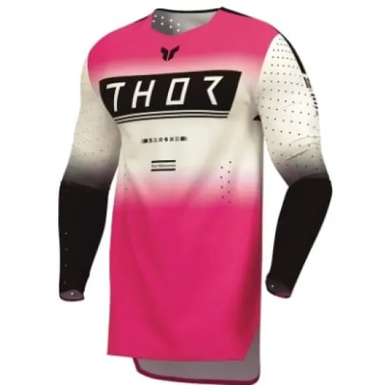 Мотокрос джърси Thor Sportmode Geo в розово, бяло и черно с градиентен дизайн, перфорирани панели на ръкавите и Thor лого на гърдите