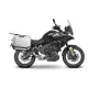 Сив мотор CF MOTO 700 MT с монтирани странични сребристи куфари SHAD и система за горен багаж