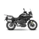 Сив мотор CF MOTO 700 MT с монтирани странични сребристи куфари SHAD и система за горен багаж