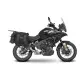 Сив мотор CF MOTO 700 MT с монтирани странични сребристи куфари SHAD и система за горен багаж
