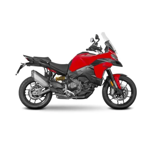 Червена Ducati Multistrada V2 с черни и сиви SHAD куфари монтирани странично, показана отстрани и отзад
