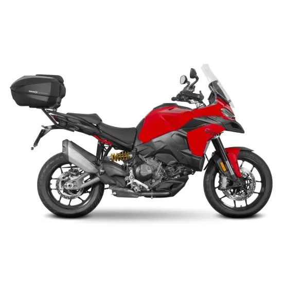 Червен Ducati Multistrada V2 с черен монтажен комплект SHAD TOP MASTER и прикачен сив куфар зад седалката