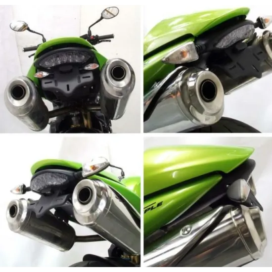 Черна стойка за номер R&G Racing на зелен Triumph Street Triple 675, монтирана между двойните хромирани ауспуси, с вградена