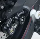 Черни краш тапи R&G Racing монтирани на люлка на Triumph мотоциклет с метална ос и лого на марката