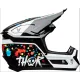 Детска мотокрос каска Thor Fleet в черно с ярки цветни петна, бяла козирка и череп лого, показана от три ъгъла